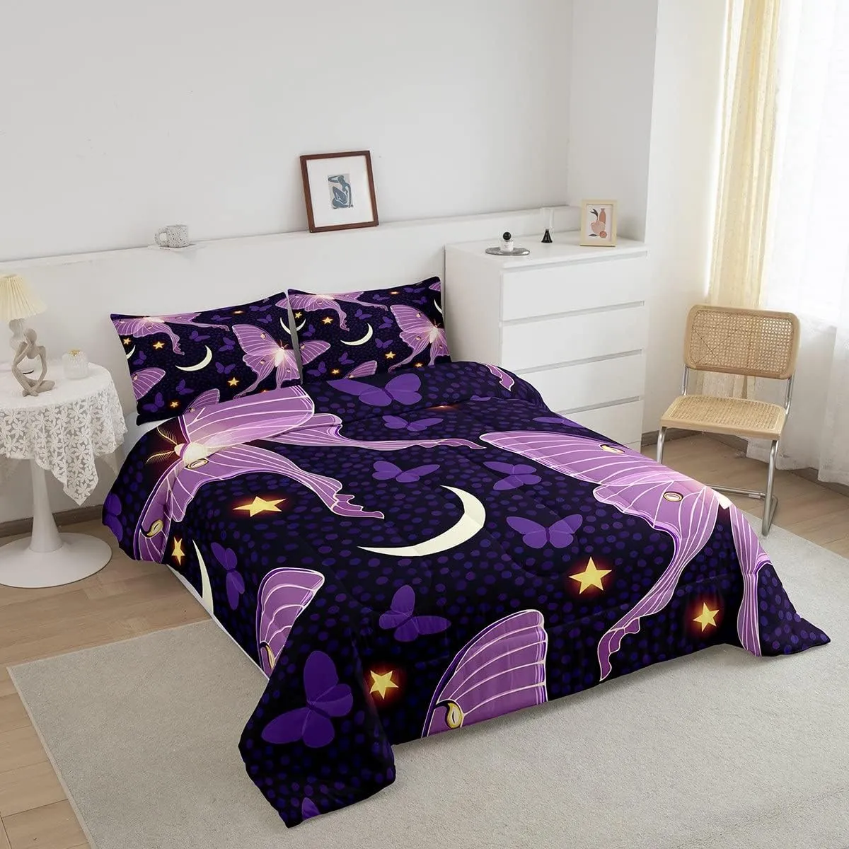 Gothic Moth Comforter Set, Purple Death Moth Butterfly Bedding Set for Girls Women Teens, Stars Moon Printed Bedding Comforter Sets, Girly Fairy Dreamlike Butterflies Quilted Duvet, King Size