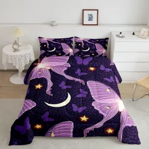 Gothic Moth Comforter Set, Purple Death Moth Butterfly Bedding Set for Girls Women Teens, Stars Moon Printed Bedding Comforter Sets, Girly Fairy Dreamlike Butterflies Quilted Duvet, King Size