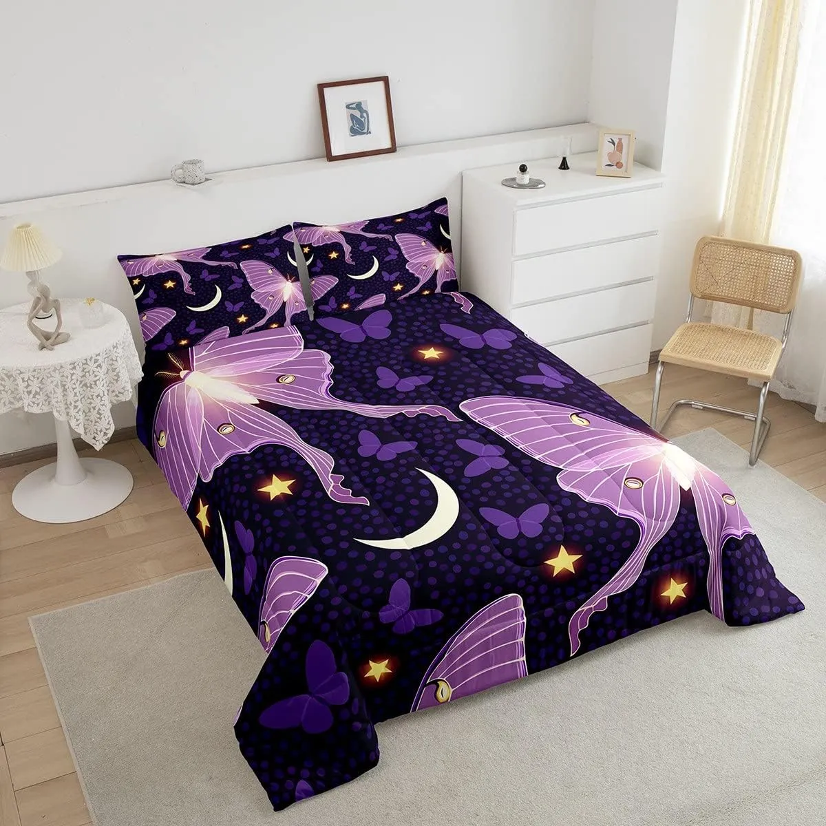 Gothic Moth Comforter Set, Purple Death Moth Butterfly Bedding Set for Girls Women Teens, Stars Moon Printed Bedding Comforter Sets, Girly Fairy Dreamlike Butterflies Quilted Duvet, King Size