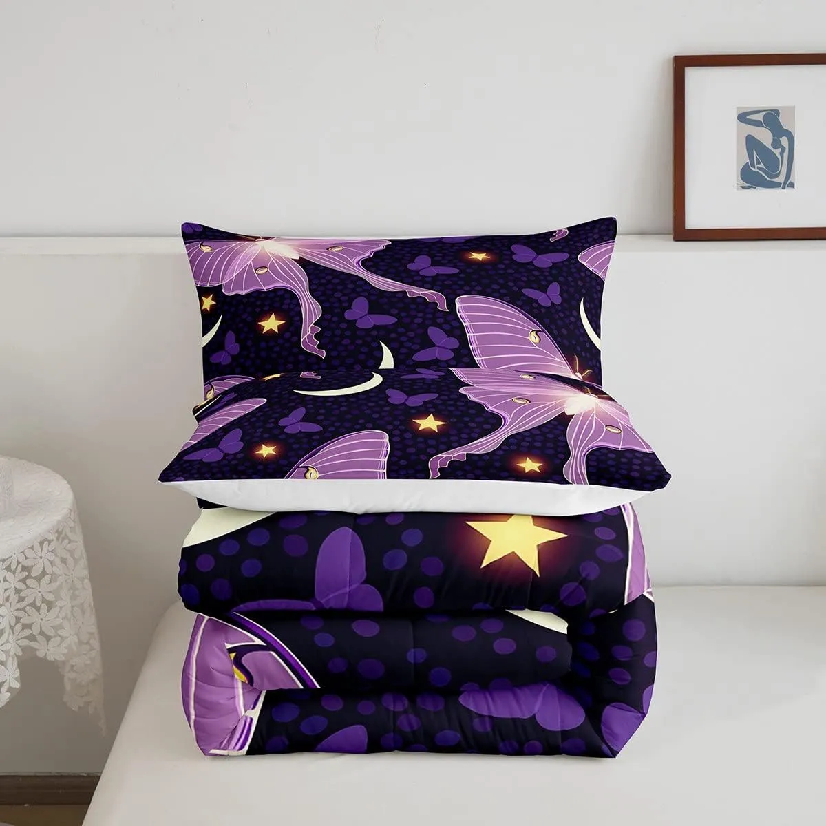 Gothic Moth Comforter Set, Purple Death Moth Butterfly Bedding Set for Girls Women Teens, Stars Moon Printed Bedding Comforter Sets, Girly Fairy Dreamlike Butterflies Quilted Duvet, King Size