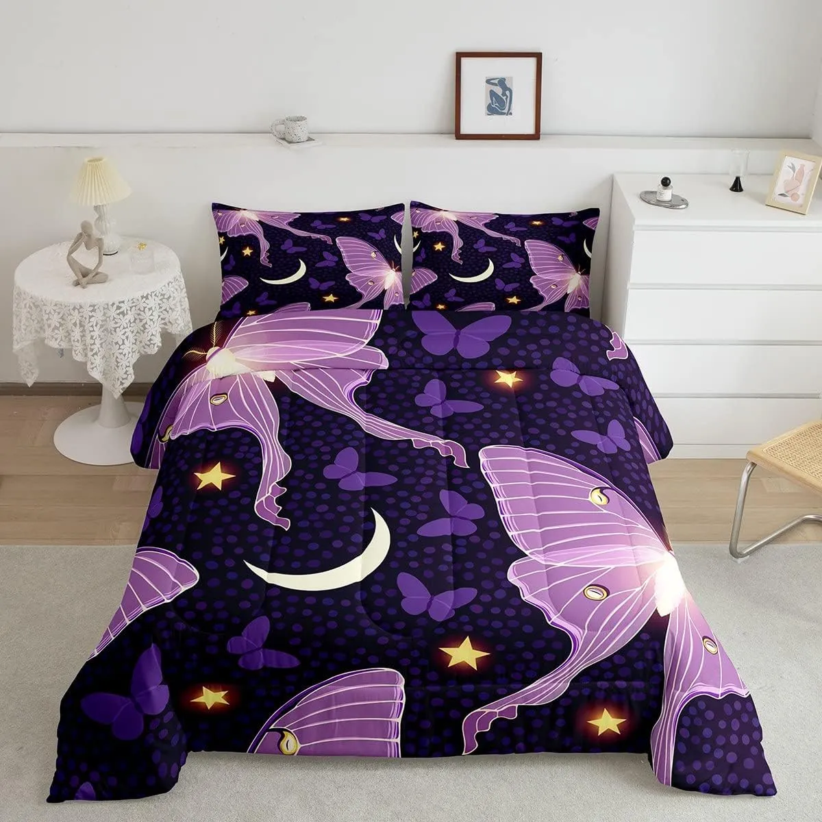 Gothic Moth Comforter Set, Purple Death Moth Butterfly Bedding Set for Girls Women Teens, Stars Moon Printed Bedding Comforter Sets, Girly Fairy Dreamlike Butterflies Quilted Duvet, King Size