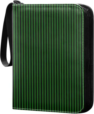 Green Black Stripes Card Binder 4 Pocket Trading Card Album Fits 400 Sports/Game Cards, PU Cover 3 Ring Card Collection with 50 Removable Sleeves