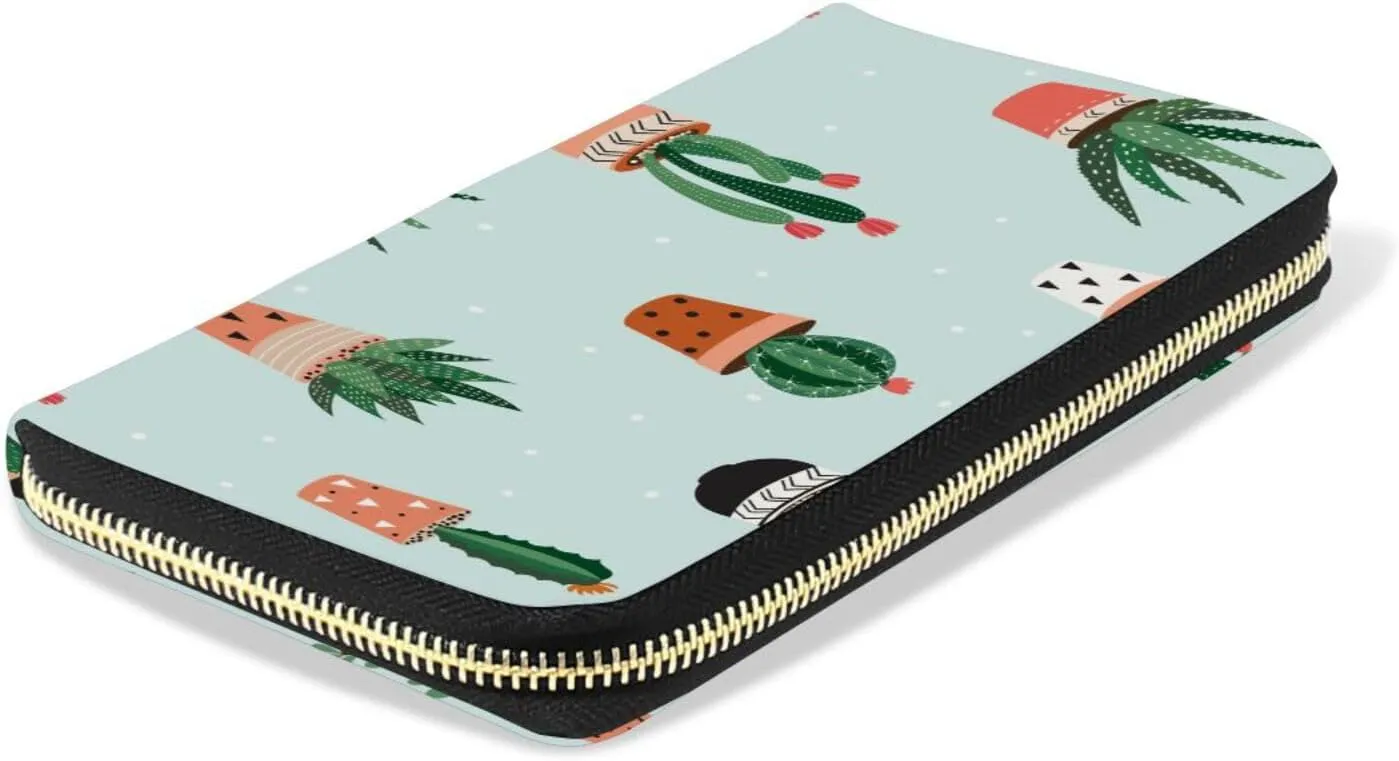Green Cactus Cacti in Pots Seamless Pattern Leather Long Wallet Organizer with Zipper Purse Clutch Bag for Women Men Key Card Coin Passport Checkbook 8 x 4 inch