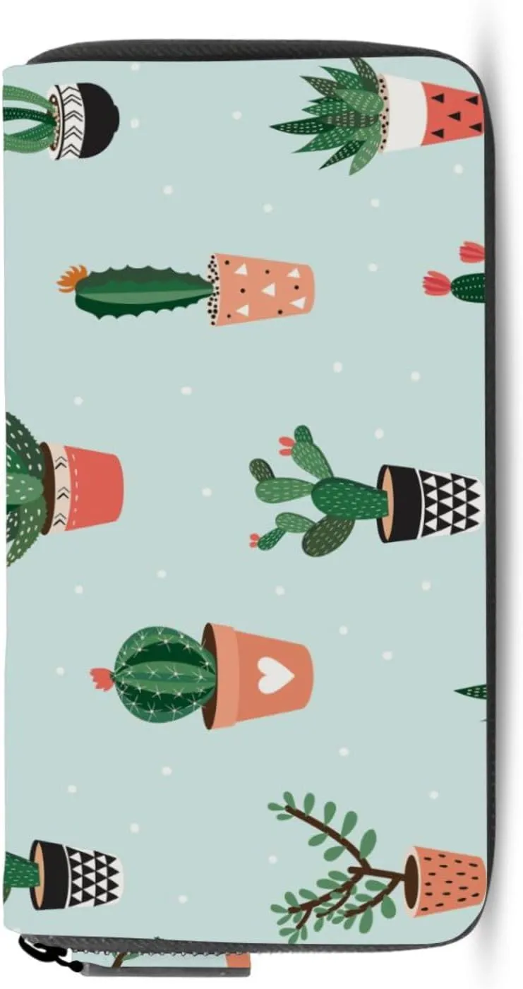 Green Cactus Cacti in Pots Seamless Pattern Leather Long Wallet Organizer with Zipper Purse Clutch Bag for Women Men Key Card Coin Passport Checkbook 8 x 4 inch