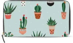 Green Cactus Cacti in Pots Seamless Pattern Leather Long Wallet Organizer with Zipper Purse Clutch Bag for Women Men Key Card Coin Passport Checkbook 8 x 4 inch