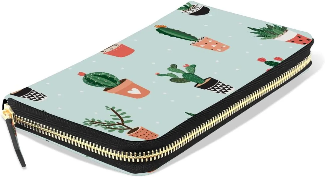 Green Cactus Cacti in Pots Seamless Pattern Leather Long Wallet Organizer with Zipper Purse Clutch Bag for Women Men Key Card Coin Passport Checkbook 8 x 4 inch