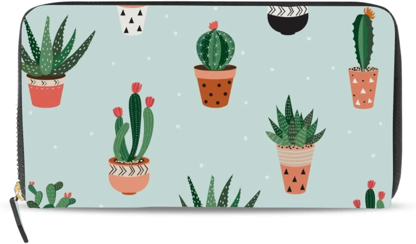 Green Cactus Cacti in Pots Seamless Pattern Leather Long Wallet Organizer with Zipper Purse Clutch Bag for Women Men Key Card Coin Passport Checkbook 8 x 4 inch