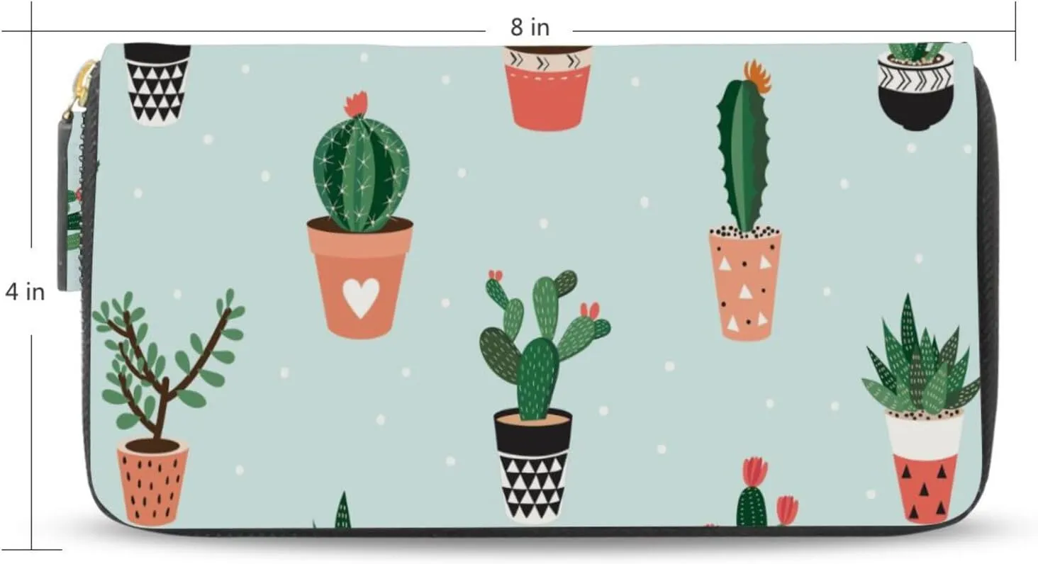 Green Cactus Cacti in Pots Seamless Pattern Leather Long Wallet Organizer with Zipper Purse Clutch Bag for Women Men Key Card Coin Passport Checkbook 8 x 4 inch