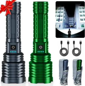 Green&Gray Super Bright Rechargeable LED Flashlights，True High Lumens, Powerful Tactical Flashlight Up to 25H Long Battery Life |Zoomable|5Light Modes|IP67 Water Resistant for Camping