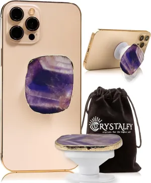 Grips by CRYSTALFY Chevron Amethyst Gold Edge Crystal Phone Grip Holder & Expanding Kickstand - Natural Gemstone Swappable Top Accessory for iPhone, iPad, Kindle & Mobile Devices