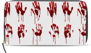 Halloween Bloody Hand Prints Set Horror and Dirty Bleeding Red Palm Leather Long Wallet Organizer with Zipper Purse Clutch Bag for Women Men Key Card Coin Passport Checkbook 8 x 4 inch