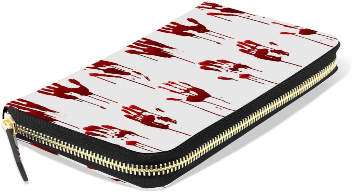 Halloween Bloody Hand Prints Set Horror and Dirty Bleeding Red Palm Leather Long Wallet Organizer with Zipper Purse Clutch Bag for Women Men Key Card Coin Passport Checkbook 8 x 4 inch
