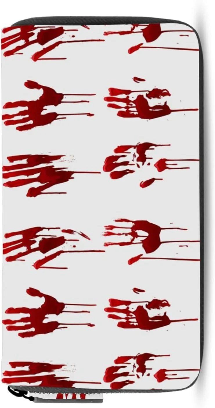 Halloween Bloody Hand Prints Set Horror and Dirty Bleeding Red Palm Leather Long Wallet Organizer with Zipper Purse Clutch Bag for Women Men Key Card Coin Passport Checkbook 8 x 4 inch