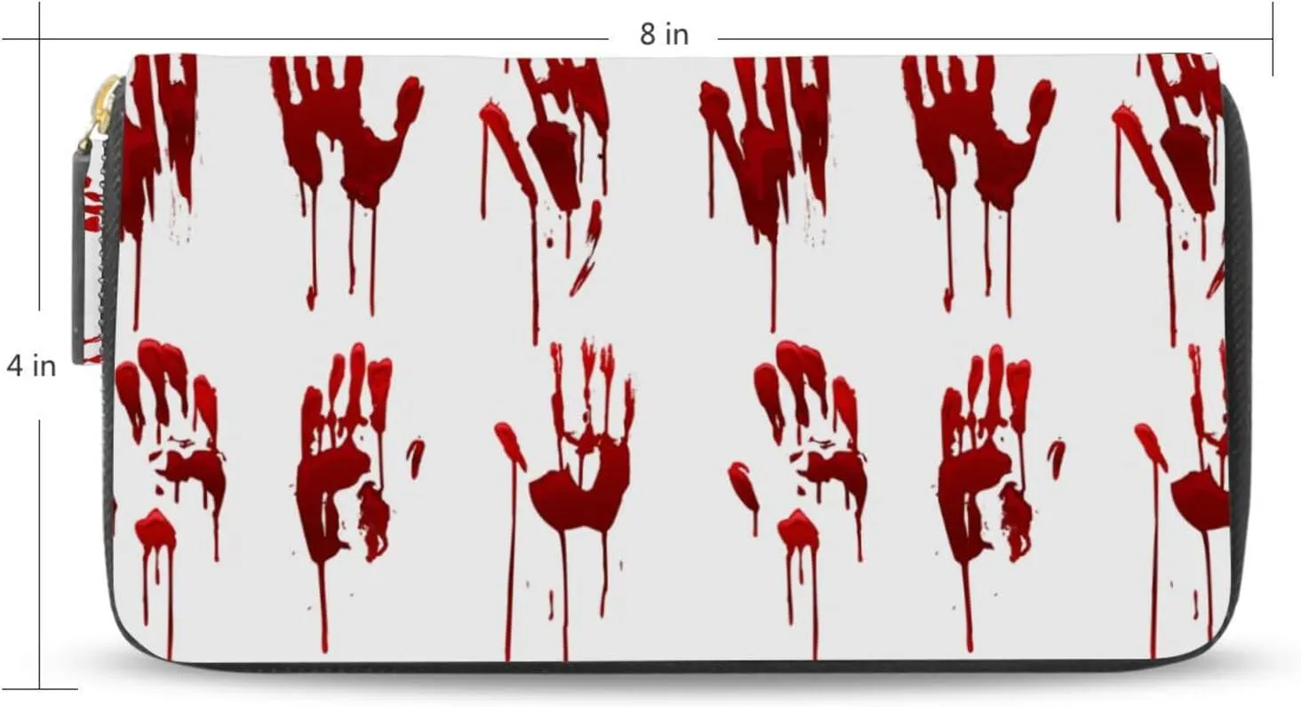 Halloween Bloody Hand Prints Set Horror and Dirty Bleeding Red Palm Leather Long Wallet Organizer with Zipper Purse Clutch Bag for Women Men Key Card Coin Passport Checkbook 8 x 4 inch