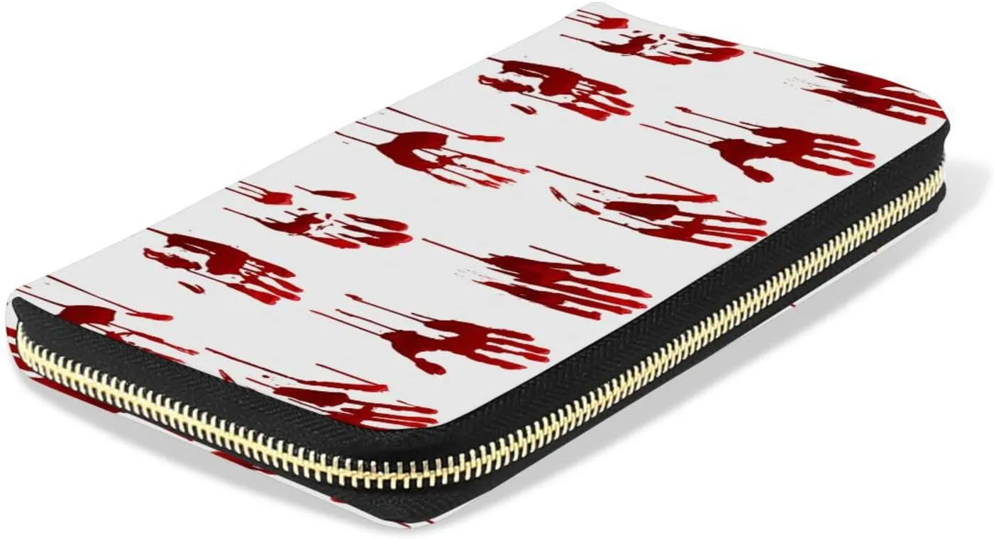 Halloween Bloody Hand Prints Set Horror and Dirty Bleeding Red Palm Leather Long Wallet Organizer with Zipper Purse Clutch Bag for Women Men Key Card Coin Passport Checkbook 8 x 4 inch