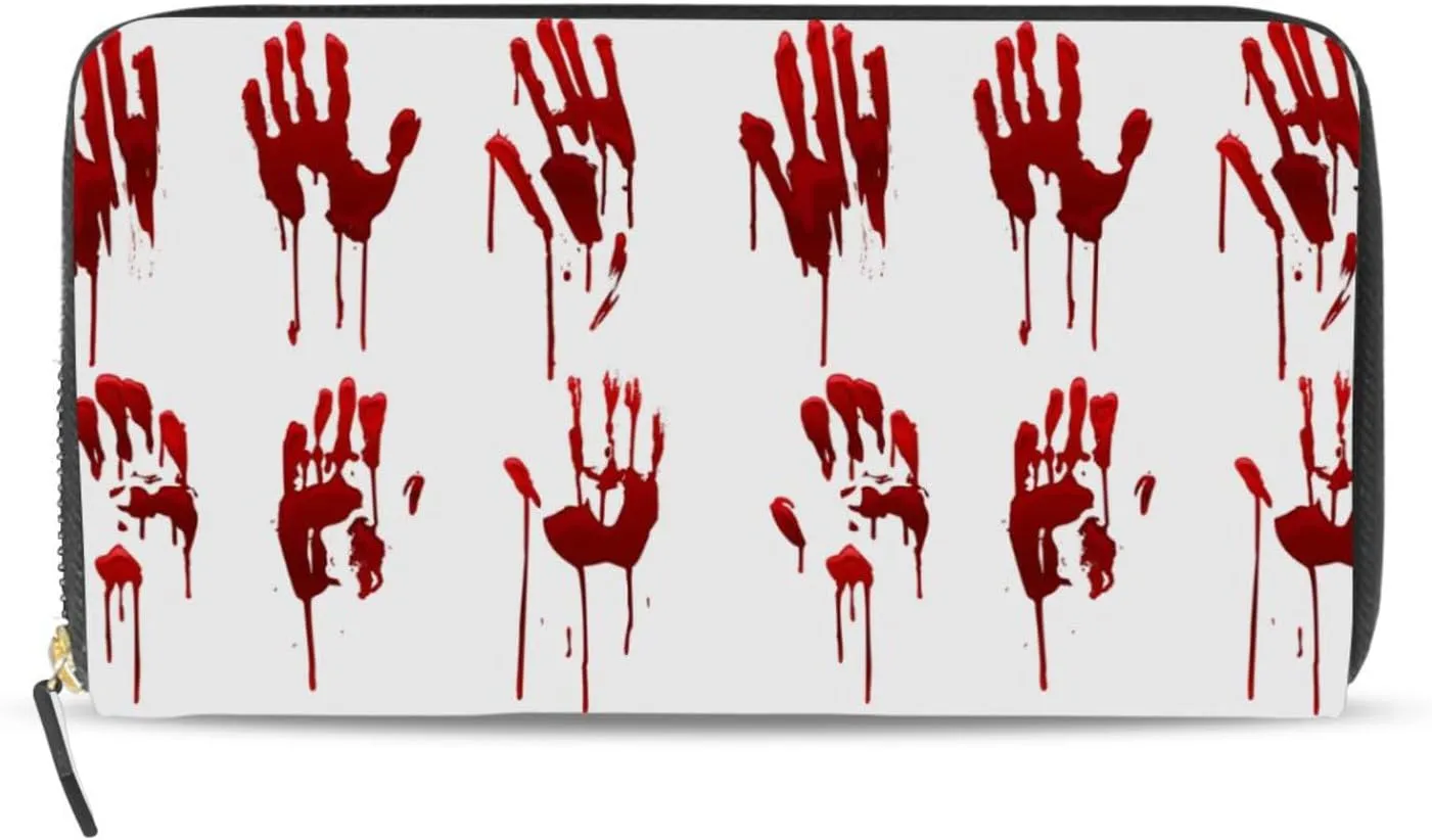 Halloween Bloody Hand Prints Set Horror and Dirty Bleeding Red Palm Leather Long Wallet Organizer with Zipper Purse Clutch Bag for Women Men Key Card Coin Passport Checkbook 8 x 4 inch