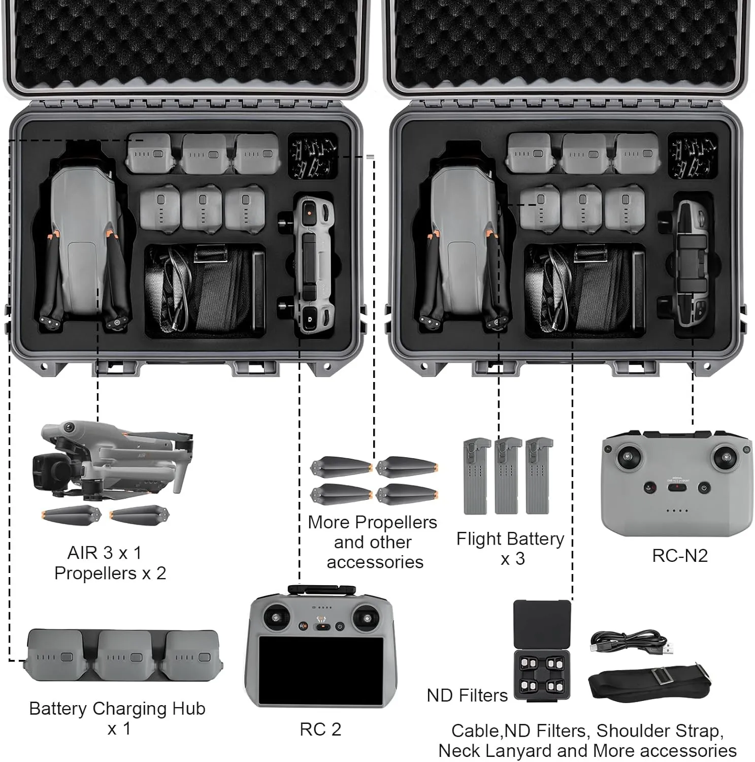 Hard Case for DJI Air 3S/Air 3 - Waterproof Carrying Cases, Portable Storage Bag Fits for DJI Fly More Combo, RC 2/RC-N2/RC-N3 Controller, Batteries, Charger, Cables, Accessories (Only Gray Case)