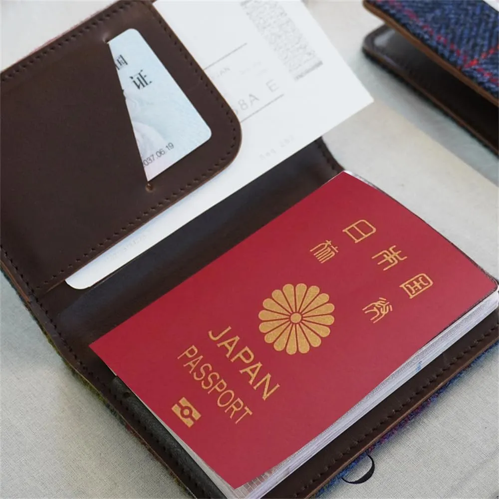 Harris Tweed Leather Passport Holder for Travel, Slim & Lightweight Passport Cover with Vaccine Card Slot, RFID Blocking, Ideal for Women and Men (No.291)