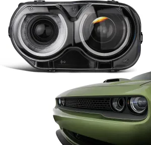 Headlight Assembly Compatible With Dodge Challenger 2015-2021 Black Housing Halogen Head Lights Replaceable (Left Driver Side) 68174065AF CH2502267