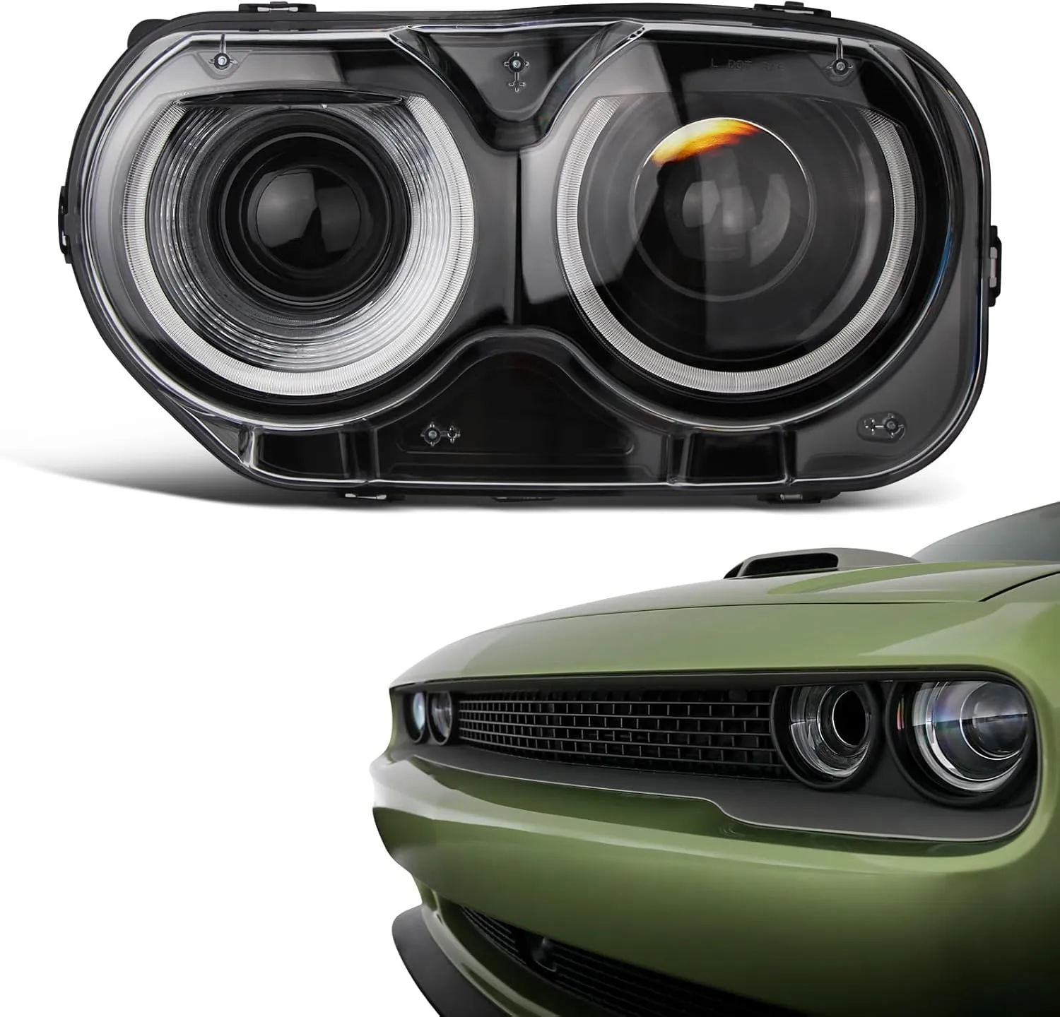 Headlight Assembly Compatible With Dodge Challenger 2015-2021 Black Housing Halogen Head Lights Replaceable (Left Driver Side) 68174065AF CH2502267