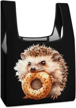 Hedgehog Eats Giant Bagel Novelty Reusable Grocery Bag Fold-able Shopping Bags Washable Tote Lightweight Storage Pouch with Handle