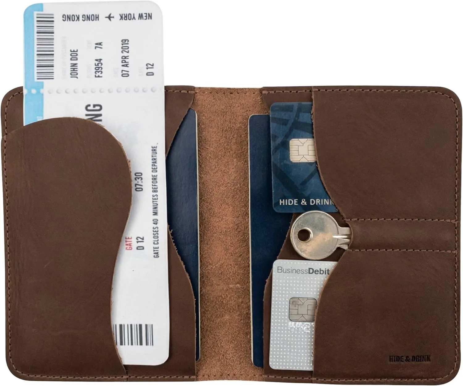 Hide & Drink, Double Passport Cover with Slots for Bills and Keys, Rustic Case, ID Organizer, Full Grain Leather, Handmade Accessories, Bourbon Brown
