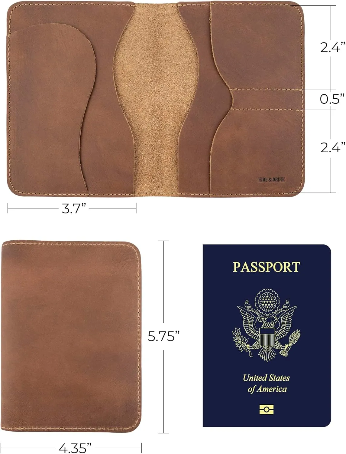 Hide & Drink, Double Passport Cover with Slots for Bills and Keys, Rustic Case, ID Organizer, Full Grain Leather, Handmade Accessories, Single Malt Mahogany