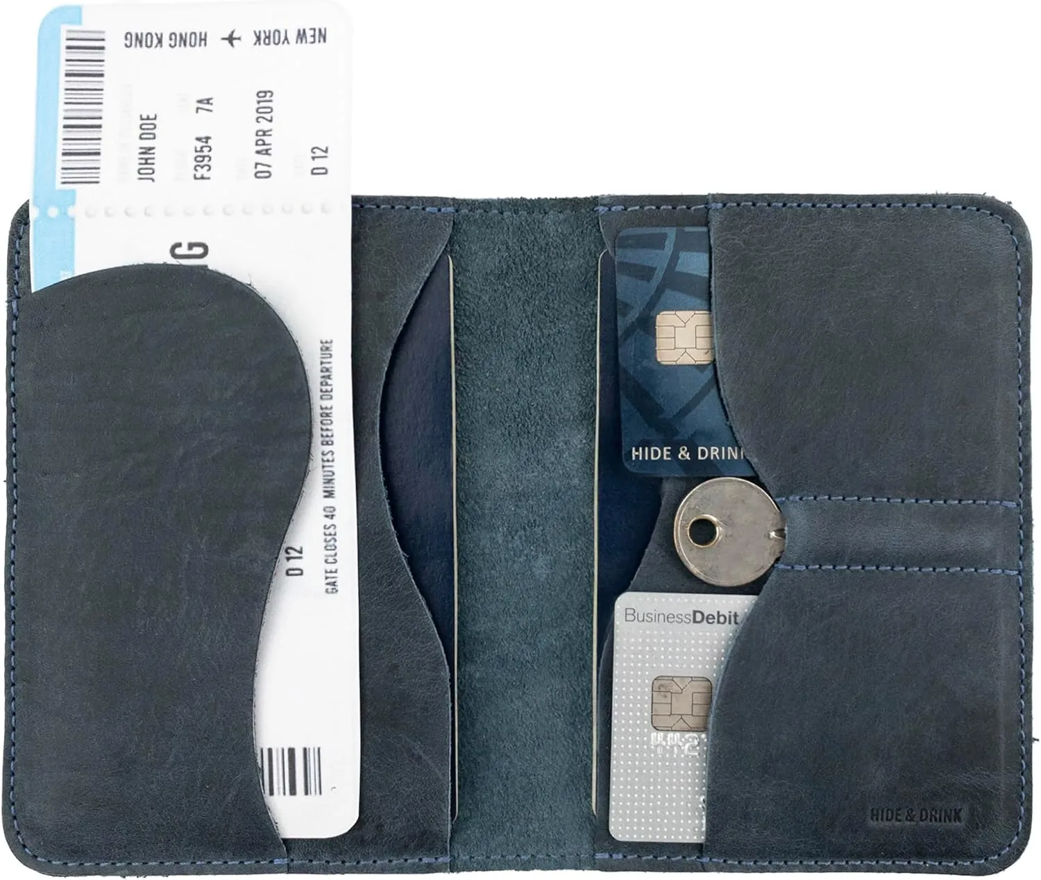 Hide & Drink, Double Passport Cover with Slots for Bills and Keys, Rustic Case, ID Organizer, Full Grain Leather, Handmade Accessories, Slate Blue