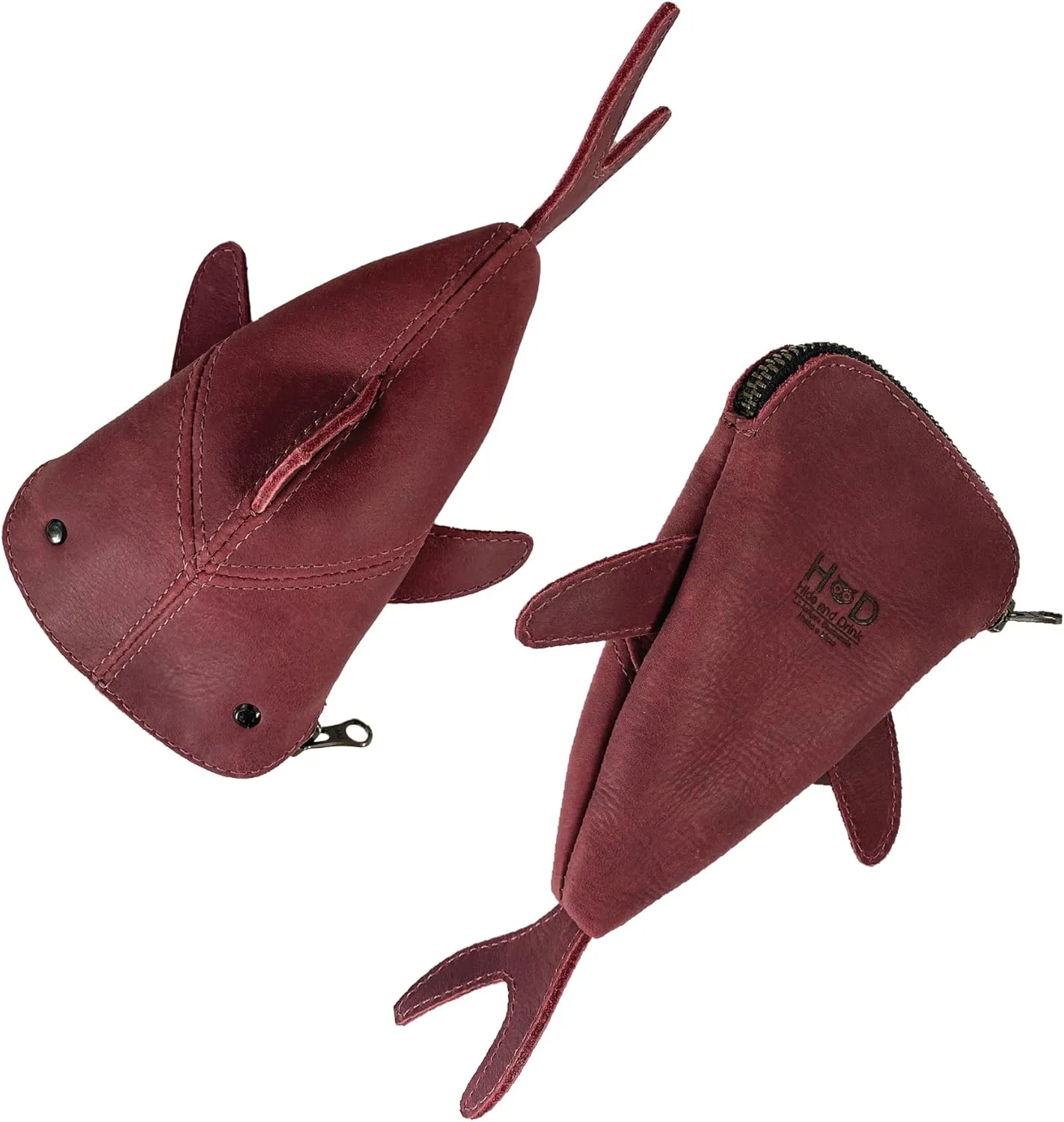 Hide & Drink, Zippered Coin Pouch, Shark Shaped Case, Stuffed Animal, Bank, Change Bag, Pencil Purse, Shark Shaped Cable Holder, Full Grain Leather, Handmade Wallet, Sangria