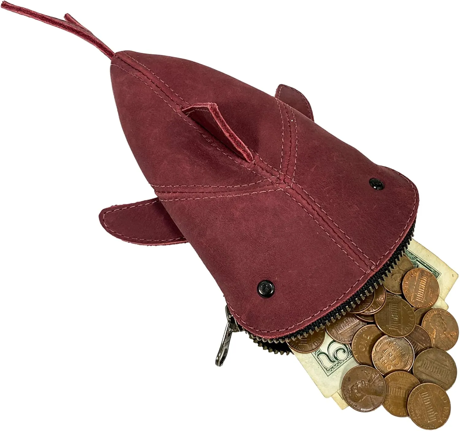Hide & Drink, Zippered Coin Pouch, Shark Shaped Case, Stuffed Animal, Bank, Change Bag, Pencil Purse, Shark Shaped Cable Holder, Full Grain Leather, Handmade Wallet, Sangria