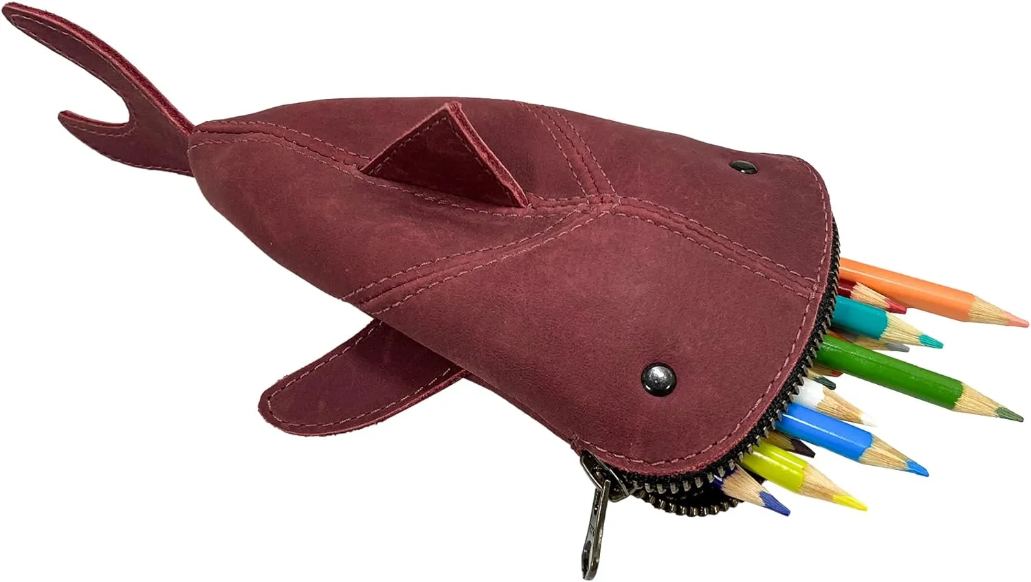 Hide & Drink, Zippered Coin Pouch, Shark Shaped Case, Stuffed Animal, Bank, Change Bag, Pencil Purse, Shark Shaped Cable Holder, Full Grain Leather, Handmade Wallet, Sangria