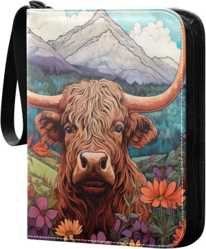 Highland Cow Oil Painting Card Binder 4 Pocket Trading Card Album Fits 400 Sports/Game Cards, PU Cover 3 Ring Card Collection with 50 Removable Sleeves