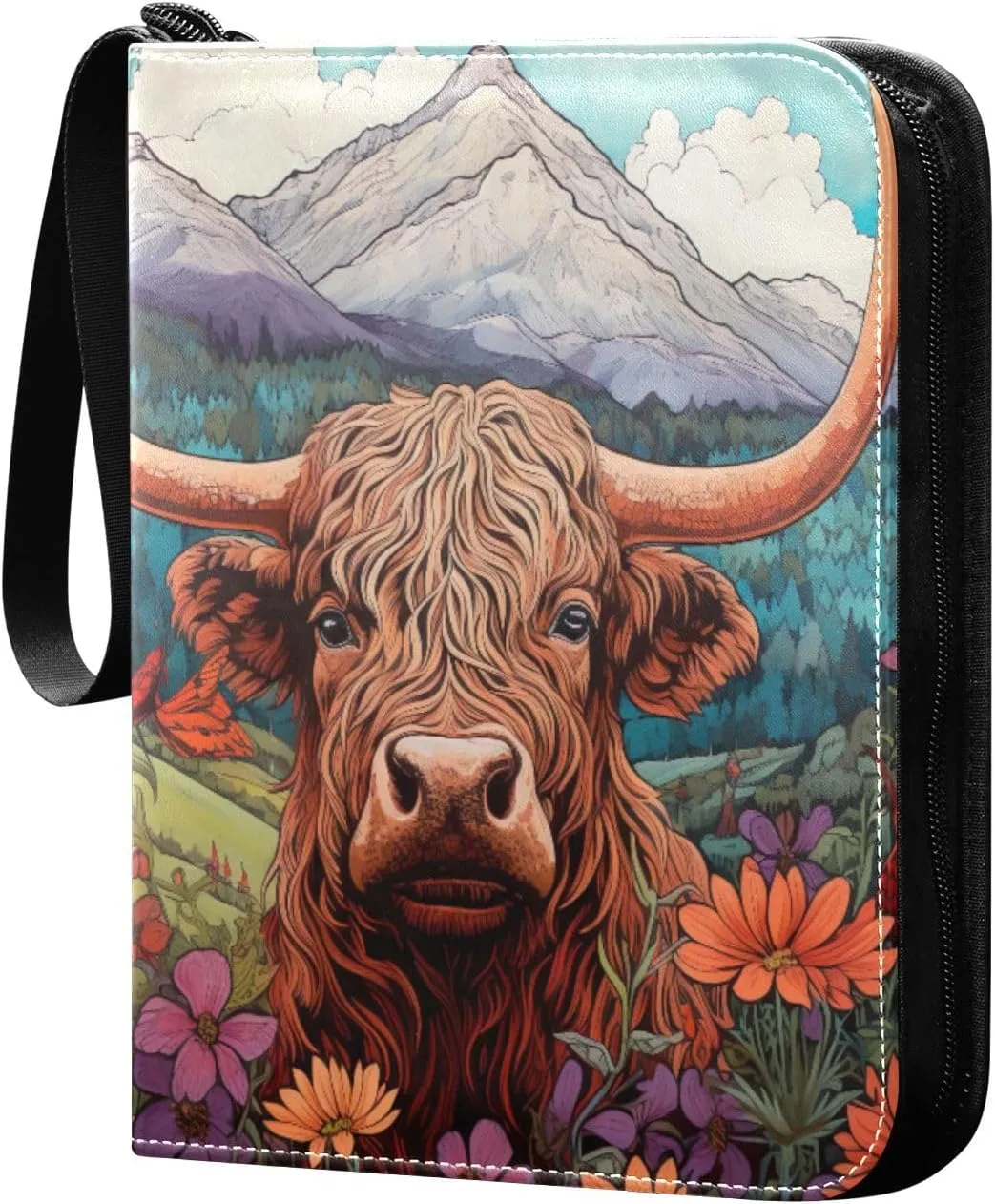 Highland Cow Oil Painting Card Binder 4 Pocket Trading Card Album Fits 400 Sports/Game Cards, PU Cover 3 Ring Card Collection with 50 Removable Sleeves