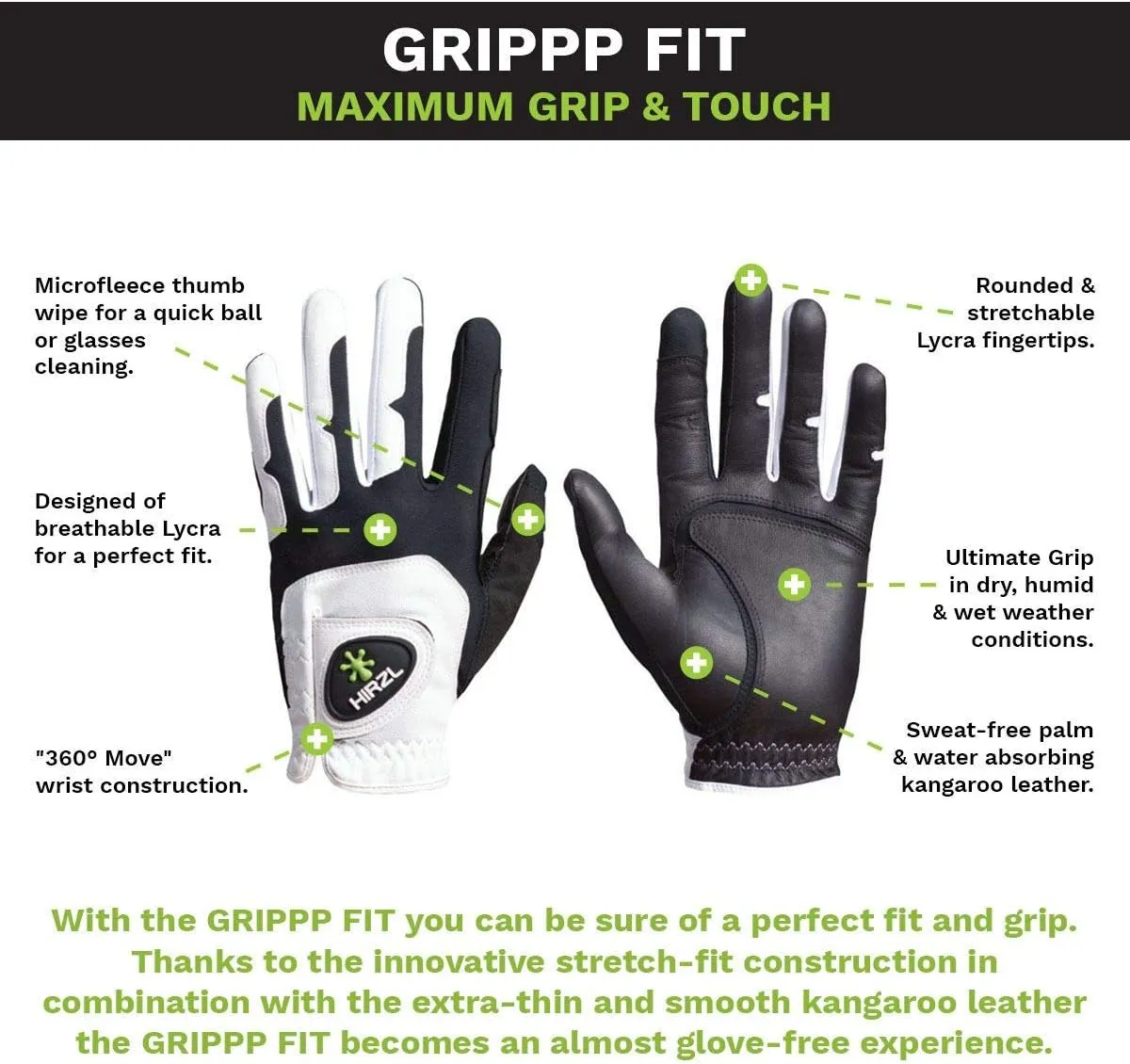 HIRZL GRIPPP FIT Golf Glove – All Weather Mens Golf Glove (White/Black) | Kangaroo Leather & Lycra | Ultimate Grip in Wet or Dry Conditions