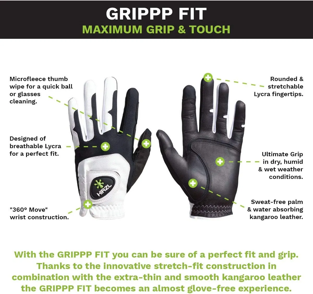 HIRZL GRIPPP FIT – Men's All-Weather Golf Glove (White/Black) | Kangaroo Leather & Lycra | Ultimate Grip (Pack of 10)