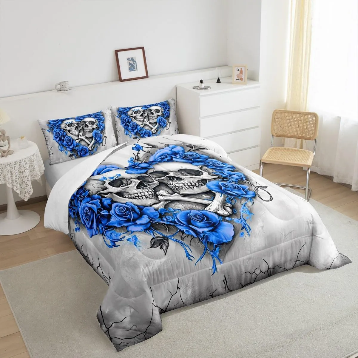 Homewish Death Skull Comforter Set Full Size 3 Pcs,Romantic Blue Rose Heart Bedding Set for Kids Teens Adullts,Gothic Style Gray Graffiti Print Comforter Duvet Set with 2 Pillowcases
