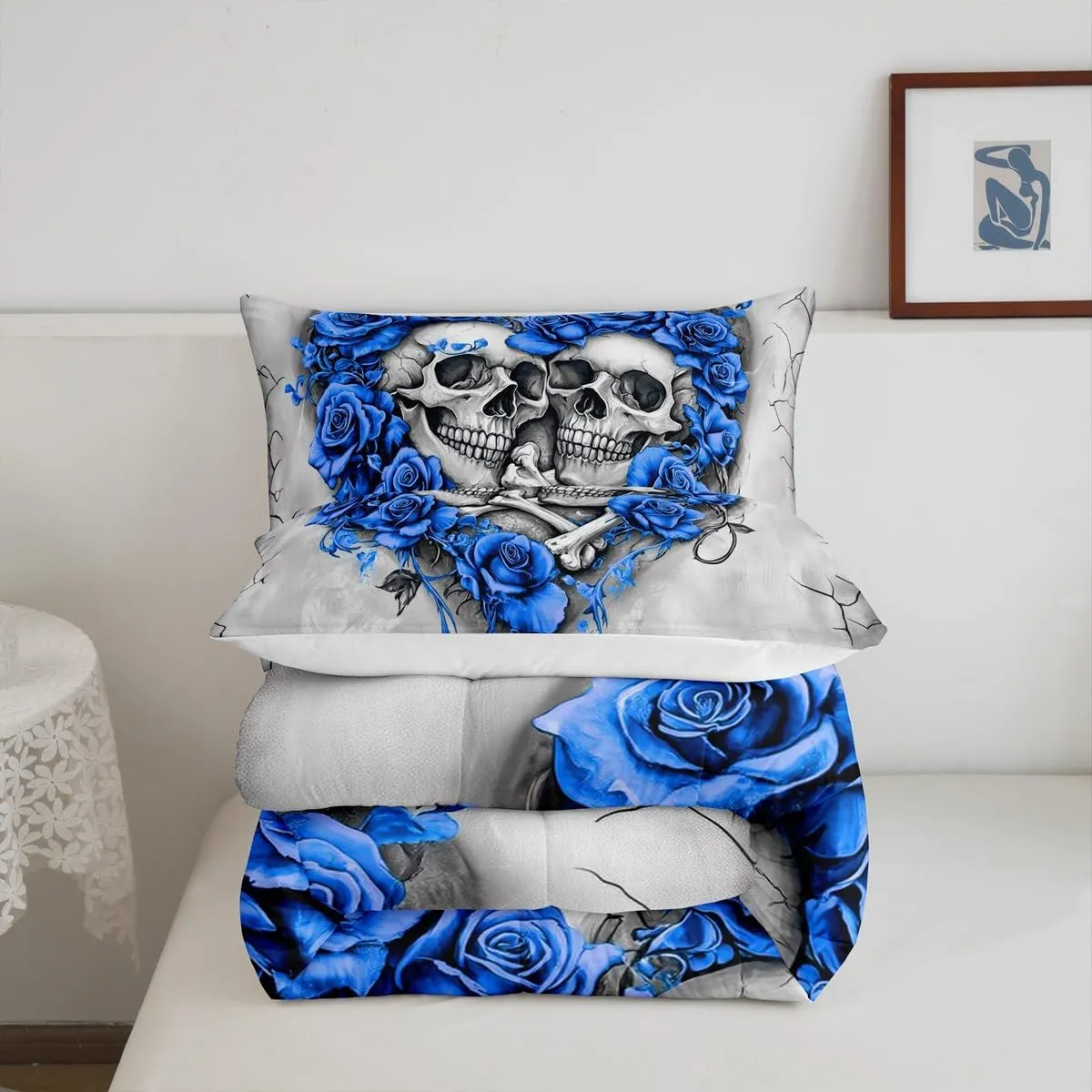 Homewish Death Skull Comforter Set Full Size 3 Pcs,Romantic Blue Rose Heart Bedding Set for Kids Teens Adullts,Gothic Style Gray Graffiti Print Comforter Duvet Set with 2 Pillowcases