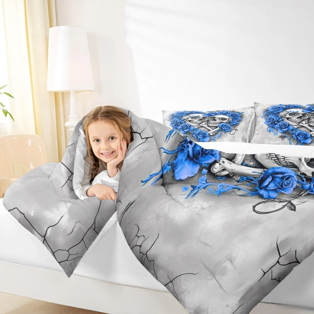 Homewish Death Skull Comforter Set Full Size 3 Pcs,Romantic Blue Rose Heart Bedding Set for Kids Teens Adullts,Gothic Style Gray Graffiti Print Comforter Duvet Set with 2 Pillowcases