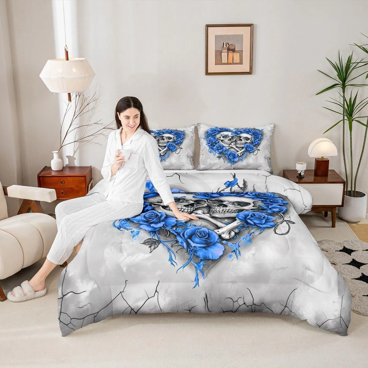 Homewish Death Skull Comforter Set Full Size 3 Pcs,Romantic Blue Rose Heart Bedding Set for Kids Teens Adullts,Gothic Style Gray Graffiti Print Comforter Duvet Set with 2 Pillowcases