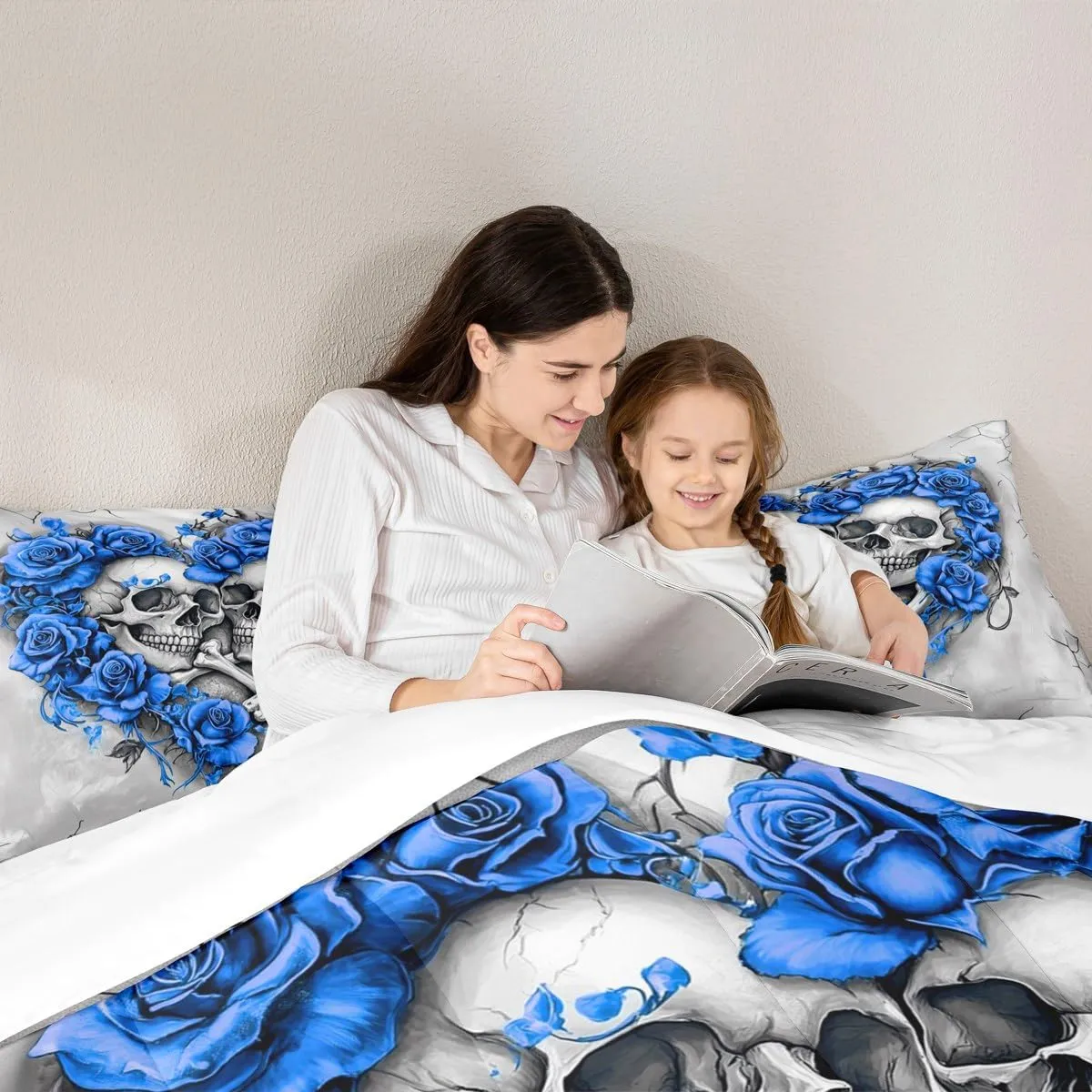Homewish Death Skull Comforter Set Full Size 3 Pcs,Romantic Blue Rose Heart Bedding Set for Kids Teens Adullts,Gothic Style Gray Graffiti Print Comforter Duvet Set with 2 Pillowcases