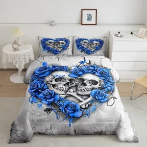 Homewish Death Skull Comforter Set Full Size 3 Pcs,Romantic Blue Rose Heart Bedding Set for Kids Teens Adullts,Gothic Style Gray Graffiti Print Comforter Duvet Set with 2 Pillowcases
