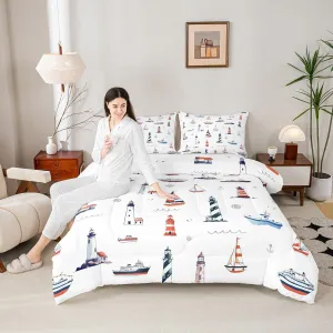 Homewish Lighthouse Comforter Set Twin Size,Nautical Anchor and Boat Rudder Quilted Duvet Kids Boys Undersea Adventure Bedding Set 2pcs for Teens Men Room Decor Modern White Duvet Insert,1 Pillowcase