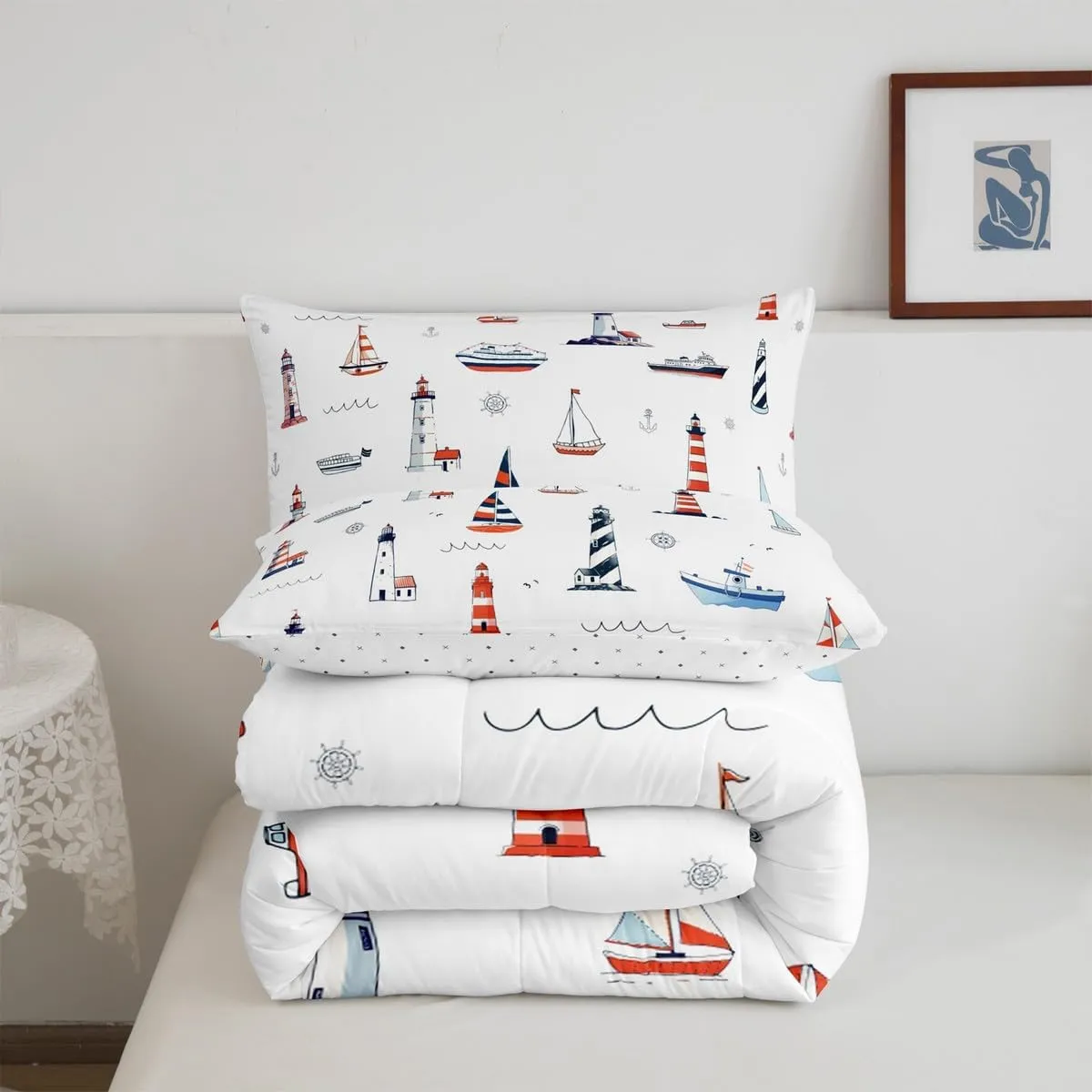 Homewish Lighthouse Comforter Set Twin Size,Nautical Anchor and Boat Rudder Quilted Duvet Kids Boys Undersea Adventure Bedding Set 2pcs for Teens Men Room Decor Modern White Duvet Insert,1 Pillowcase