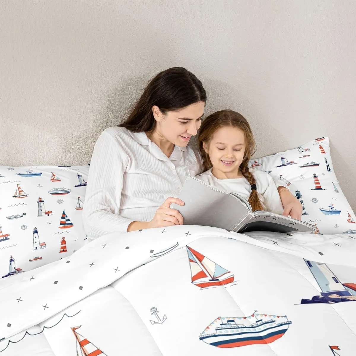 Homewish Lighthouse Comforter Set Twin Size,Nautical Anchor and Boat Rudder Quilted Duvet Kids Boys Undersea Adventure Bedding Set 2pcs for Teens Men Room Decor Modern White Duvet Insert,1 Pillowcase