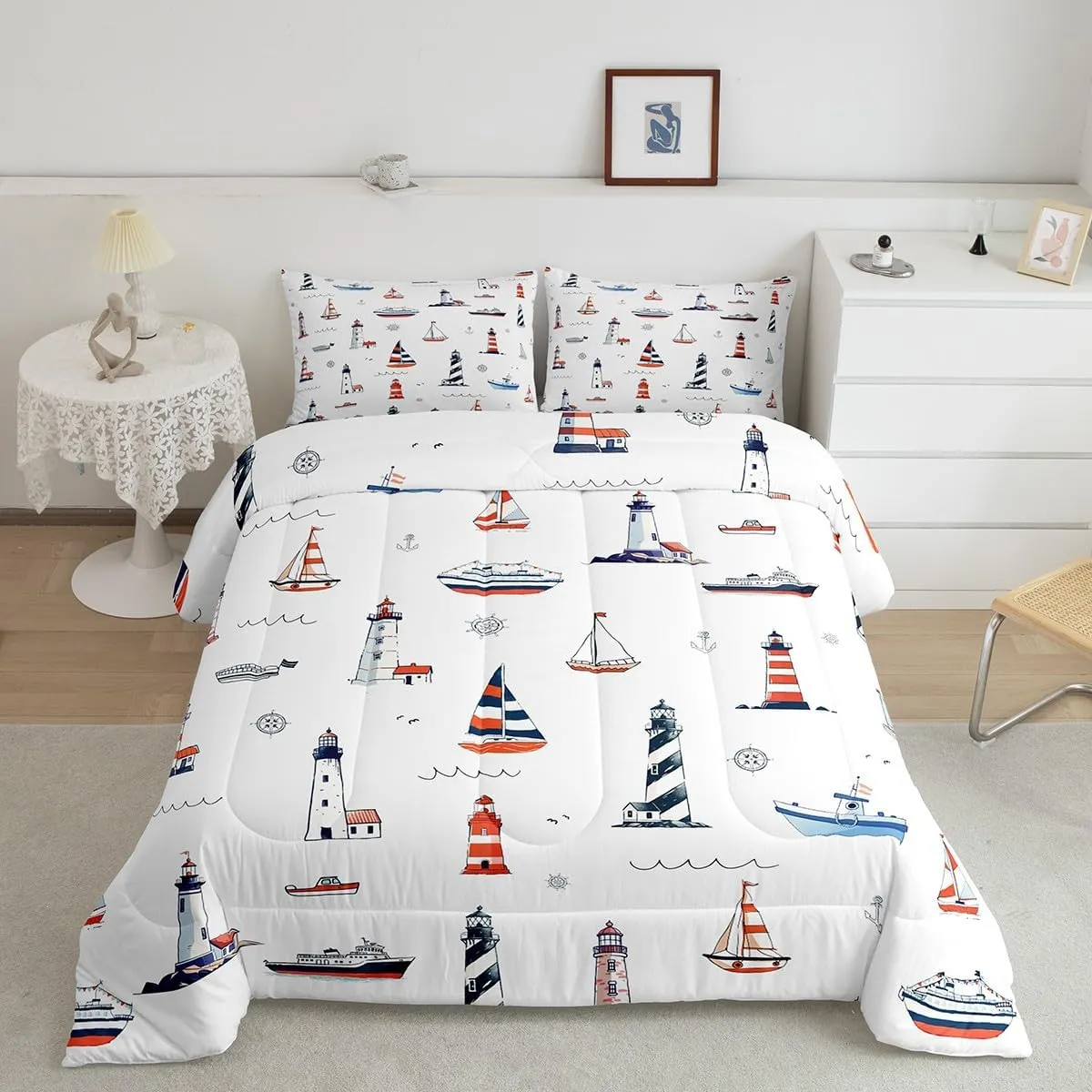 Homewish Lighthouse Comforter Set Twin Size,Nautical Anchor and Boat Rudder Quilted Duvet Kids Boys Undersea Adventure Bedding Set 2pcs for Teens Men Room Decor Modern White Duvet Insert,1 Pillowcase