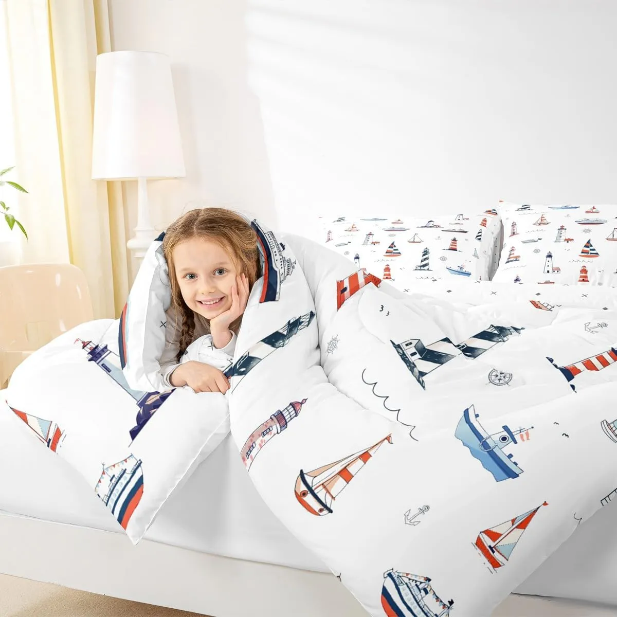 Homewish Lighthouse Comforter Set Twin Size,Nautical Anchor and Boat Rudder Quilted Duvet Kids Boys Undersea Adventure Bedding Set 2pcs for Teens Men Room Decor Modern White Duvet Insert,1 Pillowcase