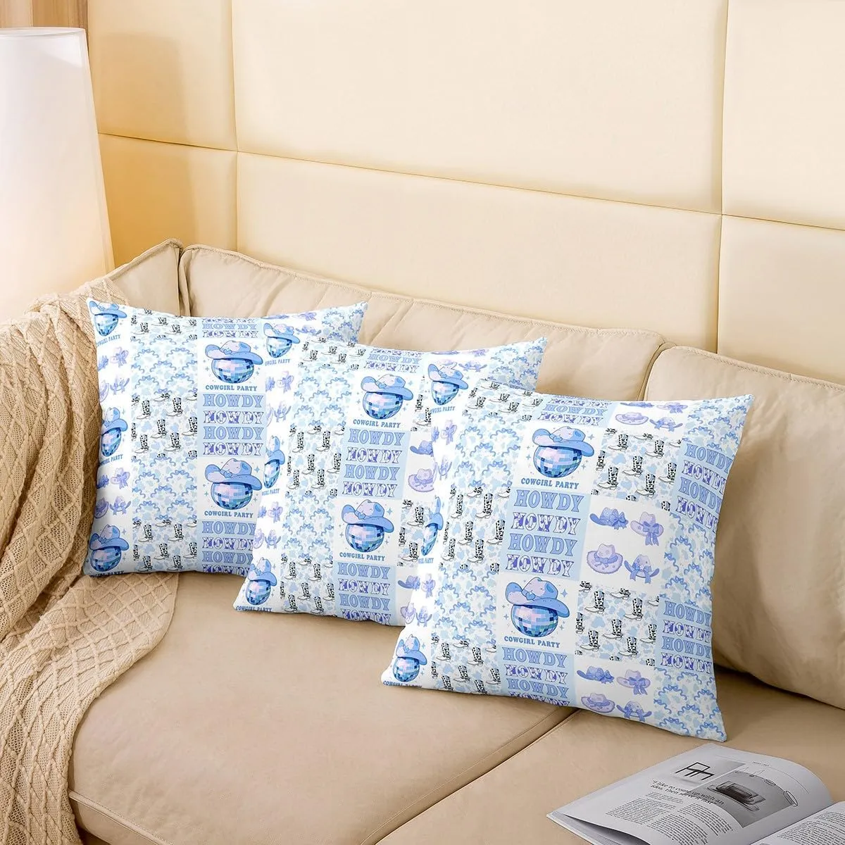 Homewish Western Cowboy Hat Throw Pillow Covers 22x22 Inch Set of 2 Cartoon Cowhide Print Boots Plaid Pillow Cases for Kids Girls Teens Lovely Princess Style Bowknot Cushion Covers for Living Room