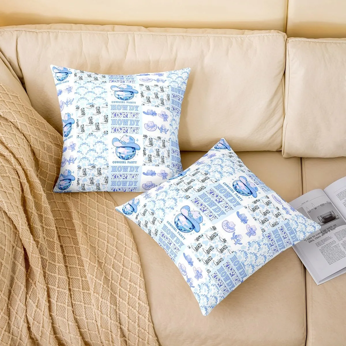 Homewish Western Cowboy Hat Throw Pillow Covers 22x22 Inch Set of 2 Cartoon Cowhide Print Boots Plaid Pillow Cases for Kids Girls Teens Lovely Princess Style Bowknot Cushion Covers for Living Room