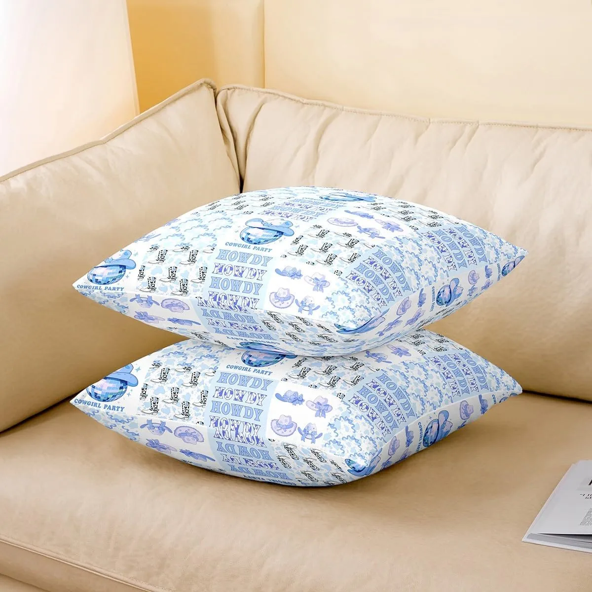Homewish Western Cowboy Hat Throw Pillow Covers 22x22 Inch Set of 2 Cartoon Cowhide Print Boots Plaid Pillow Cases for Kids Girls Teens Lovely Princess Style Bowknot Cushion Covers for Living Room