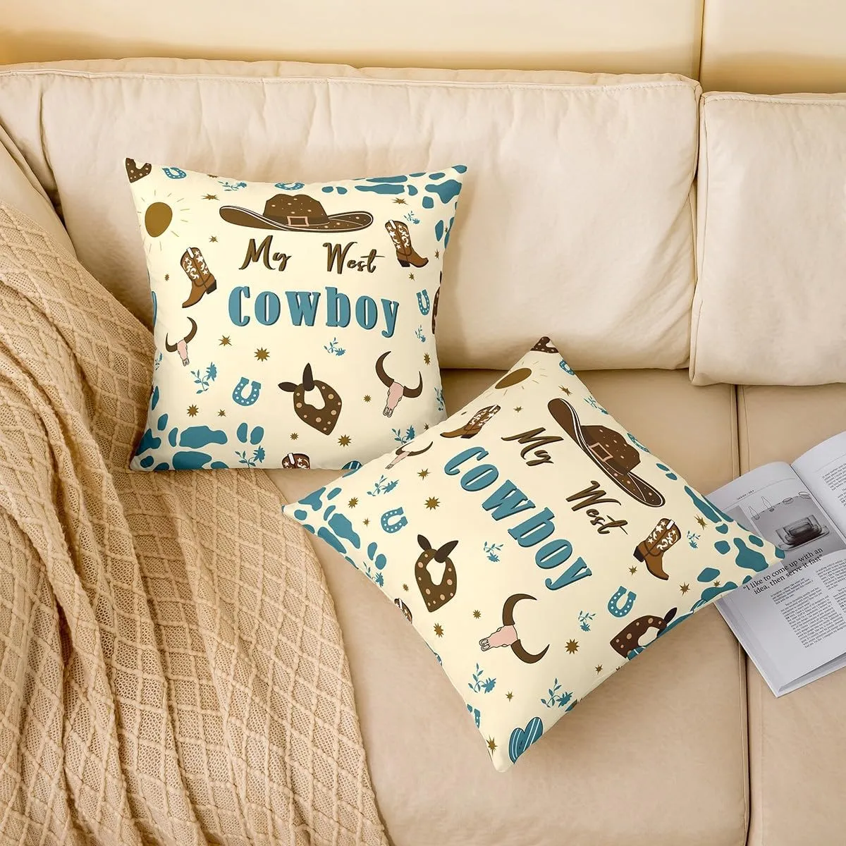 Homewish Western Cowboy Throw Pillow Covers 22x22 Inch Set of 2 Cartoon Brown Hat Boots Decor Cushion Covers for Kids Teens Adults Cute Cow Skull Retro Floral Print Cushion Cases for Party Office